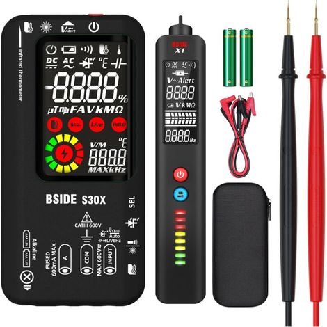Kit Multimètre Numérique et Stylo Testeur Électrique BSIDE S30X+X1 Multimètre Intelligent et Détecteur de Tension Sans Contact avec Pince Crocodile pour Électricien Électronique LED Automobile (1/4)