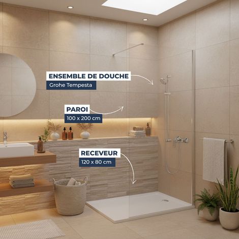 Dusch-Komplettset – Walk-In Duschwand 100x200 Chrom + Grohe Tempesta 3 Strahlarten + Gussmarmor-Duschwanne Weiß 120x80