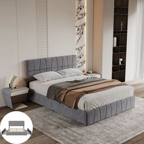 Lit 160x200 cm, Chambre complete adulte pour 2 Personnes, avec sommier à lattes, 4 Tiroirs, Tête de lit réglable, Velours Gris