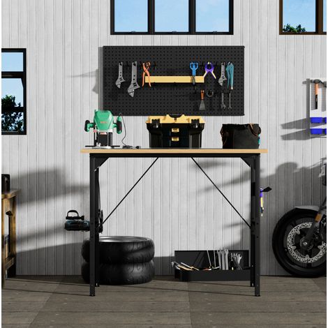 Établi d'atelier 120x60x155,5 cm en bois et fer noir naturel avec rangement garage FloraGrace (1/5)