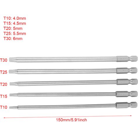 Ensemble de 5 pièces avec embouts de tournevis Phillips magnétiques de sécurité T10-T30 à tige hexagonale de 150 mm et de 1/4" (BST) (1/5)