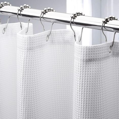 Rideau de douche blanc 150 cm x 180 cm, 1 pièce en polyester avec anneau à boule en métal, rideau de douche de salle de bain gaufré (1/5)