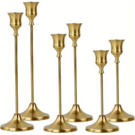 Bougeoir Chandelier Doré Métal - 1 lot / 6 Bougeoirs Décoratifs pour Bougies Coniques pour Cheminée, 15/19/24cm Centre de Table Mariage Noel Maison Décoration (1/3)