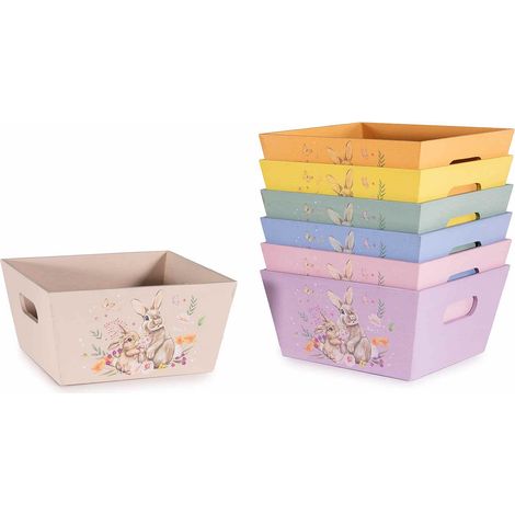 Cestini di Pasqua a cassetta in legno con manici intagliati e stampa con coniglietti, set da 7 pezzi, cm 16 x 16 x 8 H