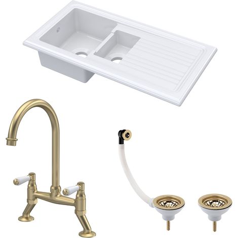 Fireclay Kitchen Bundle 1.5 Bowl Sink with Drainer, Waste & Bridge Lever Tap, 1010mm - Brushed Brass (1/4)
