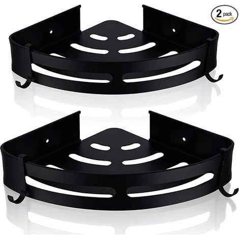 Lot de 2 étagères de douche d'angle murales, panier de rangement pour salle de bain, porte-shampoing triangulaire avec 4 crochets, noir mat (1/5)