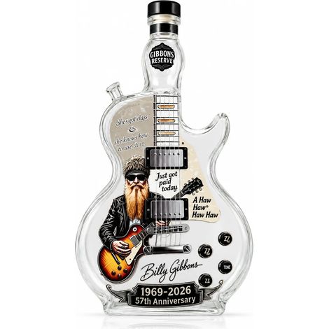(A) Carafe à whisky en verre Billy Gibbons en forme de guitare, commémorative 1969-2026, cadeau pour les amateurs de musique