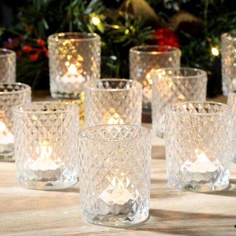 Lot de 12 Photophores Transparents en Verre, Bougeoirs Chauffe-Plat Style Vintage avec Motif Diamant en Relief, Décoration de Table Romantique pour Mariage, Fête et Style Bohème (1/5)