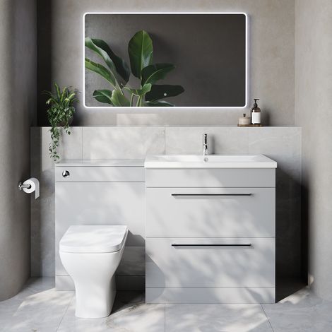 Napoli 460 Cento Gloss Grey Pearl 1400mm 2 Drawer Vanity Unit Toilet Suite with Glide Basin - 1400mm - Chrome 480mm HandleWith Kingston Toilet Pan and Seat