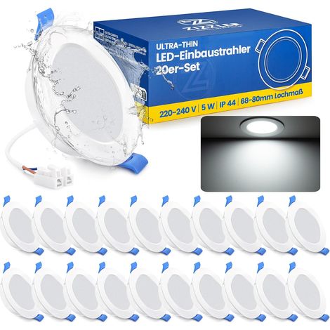 Spots LED Encastrable Salle de Bain Plafond, Lot de 20, Extra Plat, Trou 68mm, Blanc Froid 6000K, Etanche IP44, 5W, 220V, Diametre 90mm, Interieur Cuisine Bathroom (1/5)
