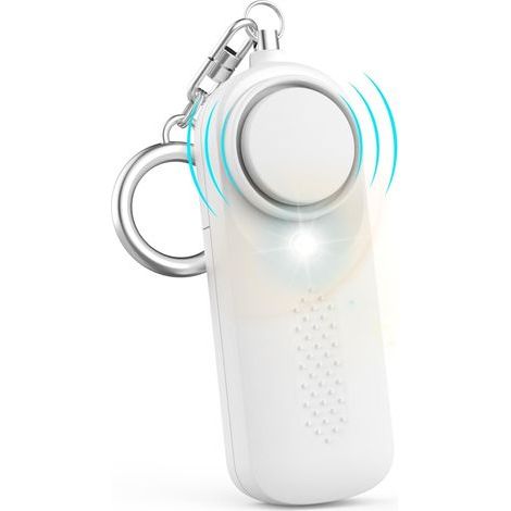 Sirena di allarme personale, 130 dB, con portachiavi luminoso a LED, per bambini, donne e studenti anziani (bianca) (1/5)