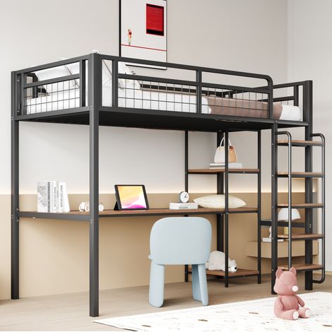 DESVIAE Lit mezzanine métal 90 x 200 cm avec échelle de sécurité bureau et étagères intégrés garde corps grillagé noir (1/5)