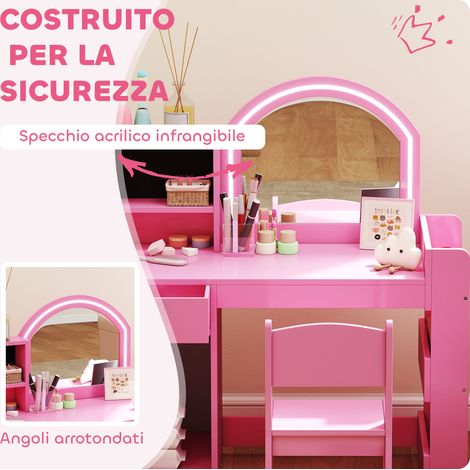 Table de Coiffure Enfant 2 en 1 Rose avec Miroir Lumineux LED, Tabouret, Rangement Armoire, Étagères et Bibliothèque