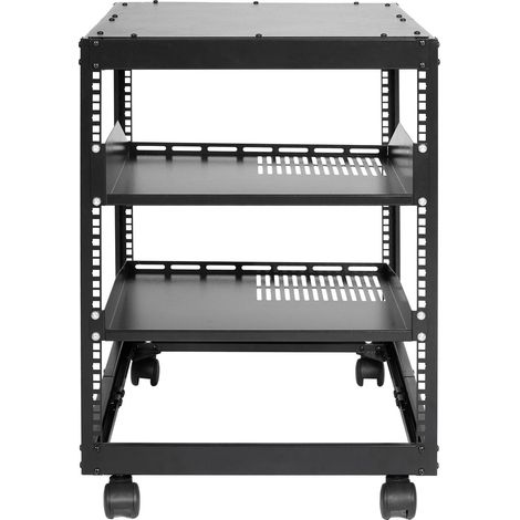 Bâti serveur rack ouvert 12U, profondeur réglable 58,5-101,6 cm, autoportant ou mural, 4 montants avec roulettes, pour équipements réseau et AV. (1/5)