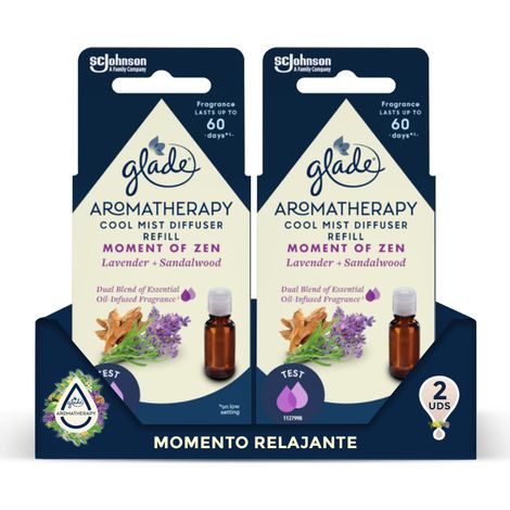 Aromatherapy Pack de 2 Recambios para Difusor de aceites esenciales, fragancia Moment of Zen [Lavender & Sandalwood] más de 60 días de duración por recambio.