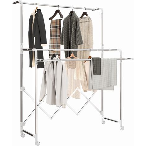 Étendoir à linge pliable à 3 niveaux, en acier inoxydable, avec 3 barres réglables et extensibles, 4 roues, argenté (1/5)