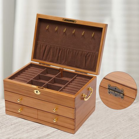 Hölzerne Schmuckschatulle, Schmuckkästchen aus Holz für Frauen, Vintage Abschließbar Schmuckschatulle, Massivholz-Organizer für Schmuck, Halsketten, Ringe, Aufbewahrungsbox