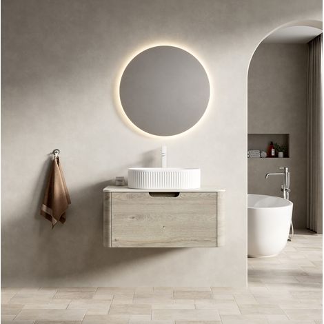 Mobile bagno sospeso 80 cm con lavabo ovale bianco, top travertino e cassetto (1/5)