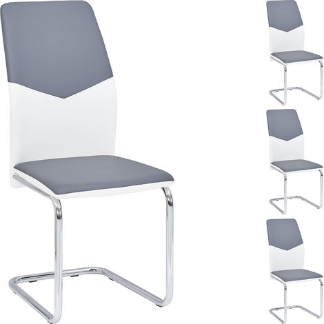 Lot de 4 chaises de salle à manger LEONA piètement chromé revêtement synthétique bicolore blanc et gris (1/4)