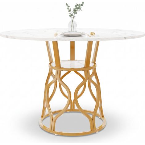FurnitureR Table ronde 100 cm avec plateau MDF effet marbre, structure métal doré et tablette, idéale pour 4 à 6 personnes (1/5)