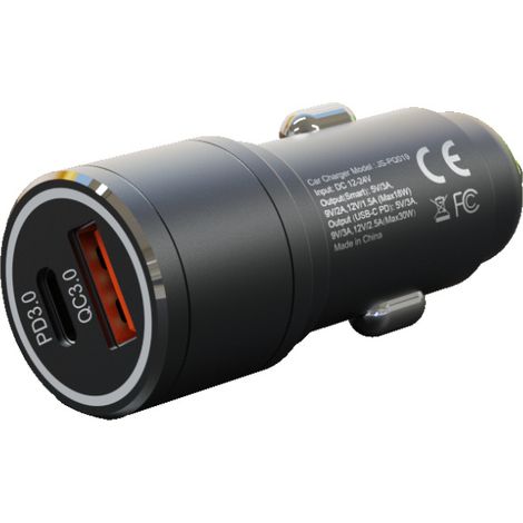 Chargeur de téléphone de voiture double USB-C et USB-A - Adaptateur allume-cigare - Chargeur de téléphone de voiture avec Quick Charge 3.0 et Power Transfer 3.0 - Noir (1/2)