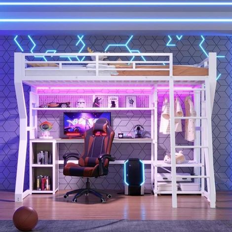 Lit mezzanine - KOMHTOM - 90x200 cm - Bureau intégré - Étagères & porte-manteau - LED intégrée (1/5)