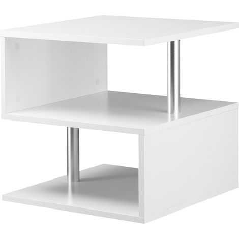 Table basse blanche, design moderne, grande surface, deux étagères, forme en S, en bois et fer, 50 x 50 x 50 cm, blanche (1/5)