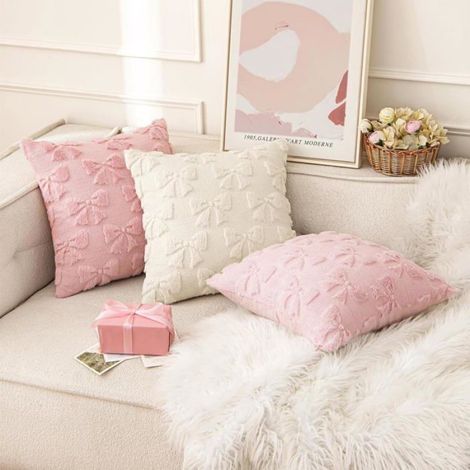 Housse de coussin en peluche - - Lot de 2 - Rose - 45x45 cm - Douce et moelleuse - Forme de nœud (1/5)