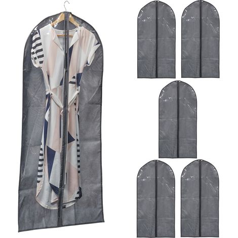 Relaxdays Clothes Cover, Garment Bag, Set of 6, with Zip, 135 x 60 cm, XL, Fleece, Protective Cover, Grey/transparent (1/5)