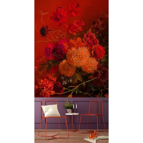 Papier peint panoramique floral rouge & orange | Tapisserie panoramique salon fleurie rouge | Papier peint panoramique idéal chambre adulte - 270 x 300 cm (3 pièces) (1/5)