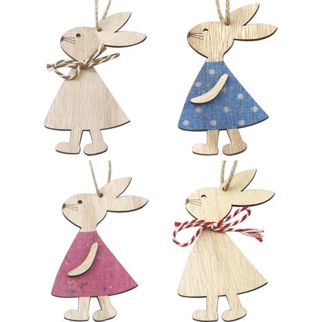 Décoration de Pâques en bois, lot de 4 pendentifs : lapin, carotte et œuf.