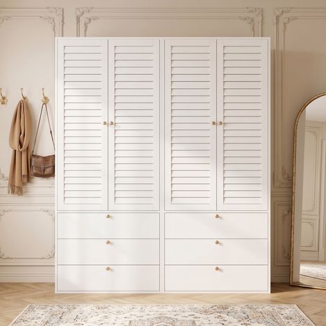 Portes persiennes aérées et maxi capacité Armoire penderie blanche 4 portes avec 6 tiroirs et 2 tringles pour chambre 180x200cm (1/5)