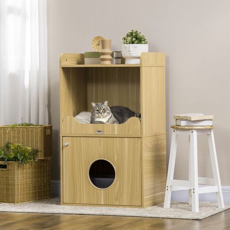 Maison de toilette pour chat meuble litière chat 3 niveaux compartiment fermé par une porte 1 coussin 60 x 45 x 103 cm