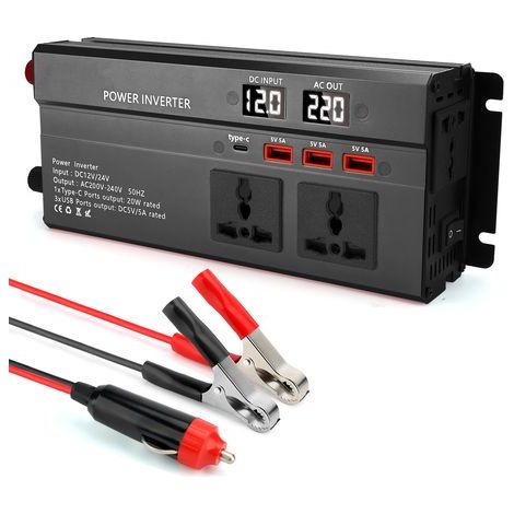 12V/24V to 220V 1000W Voltage Converter Inverter with LCD Screen, USB Type-C Port and LCD Display (Black)