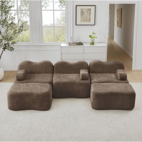 Canapé modulaire en velours marron forme U avec 2 ottomans, assise profonde (1/5)