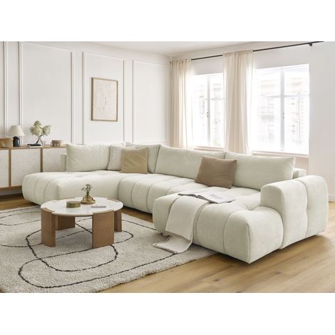 Bobochic – Canapé panoramique convertible 5 places – Tissu lisse beige – Longueur 377cm – Coffre de rangement – Design moderne (1/5)