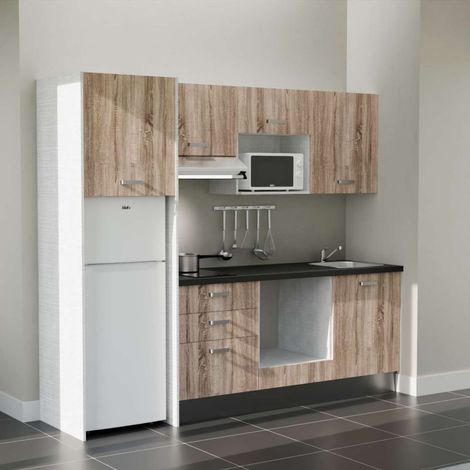 Kochnischen K37L-PT - 240 cm - Laminatplan, spüle Edelstahl, - Holzfront - strukturierte schwarze Arbeitsplatte - Kredenzen nein + Haushaltsgeräte weiß (1/4)