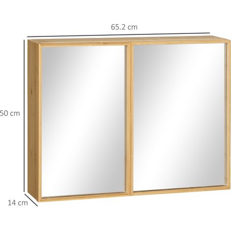 Meuble de rangement salle d'eau mural en bambou naturel, placard avec miroir 2 battants, 3 tablettes intérieures, armoire suspendue pour WC et salle de bain (1/5)