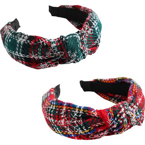 Headband - Christmas Snowflake Plaid Knotted Hair Hoop - Festive Hair Accessory for Women and Girls - 2 Pieces (1/5)
