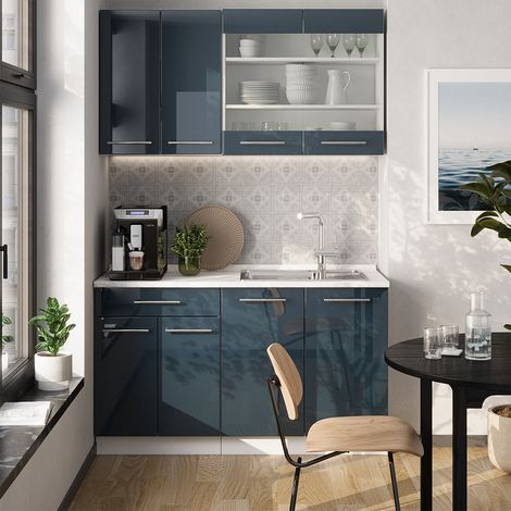 Cuisine Fame-Line, bleu foncé brillant/blanc, 140 cm, PT Chêne, Vicco