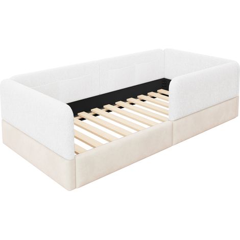 Cama plataforma acolchada 90x200 cm con barandilla de protección y bolsillos, blanca (1/5)