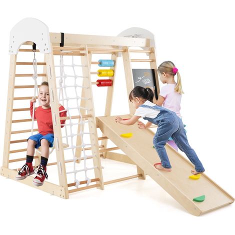 Set arrampicata 8 in 1 per bambini con abaco e altalena, Set arrampicata di legno con scivolo e scala Naturale (1/3)