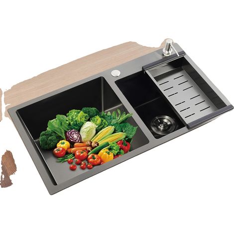 Évier de cuisine, acier inoxydable 304, 78cm x 43cm x 22cm, double cuve, à poser/sous plan/affleurant, grande capacité (1/5)