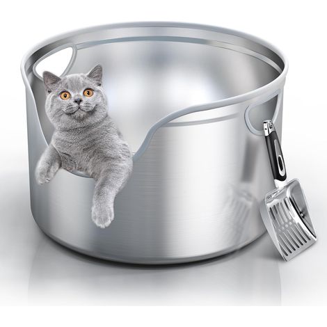 Bac à litière en acier inoxydable avec cercle intégré pour chats XL/XXL et familles nombreuses, parois hautes de 30 cm, contrôle des odeurs, facile à nettoyer, durable, pelle en acier inoxydable inclu (1/5)