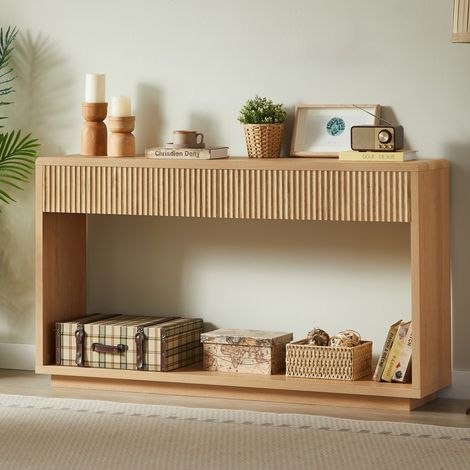 Console moderne couloir 150x35x85 cm chêne clair, deux grands tiroirs rangement, étagère ouverte basse, meuble d'entrée adapté au salon (1/5)