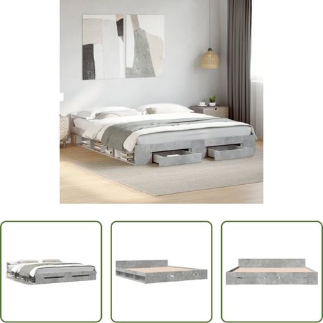vidaXL Bois d'ingénierie - Cadre de lit avec tiroirs sans matelas gris béton 200x200 cm (1/5)
