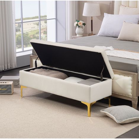 Banc coffre rembourré effet velours beige 120 x 44 x 44,5 cm avec pieds en métal (1/5)