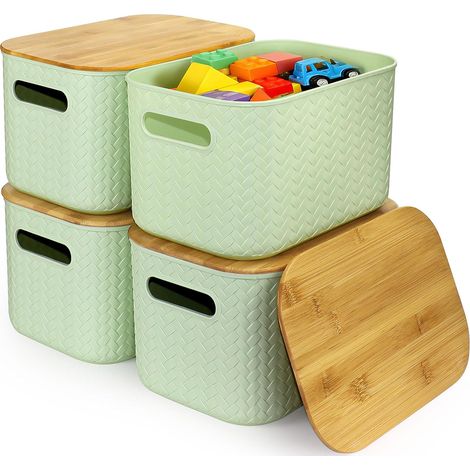 Lot de 4 Boîtes de Rangement avec Couvercle en Bambou, Bacs de Rangement Plastique Vert avec Poignées Intégrées, Organisateurs Empilables pour Salle de Bain, Cuisine, Chambre, Bureau et Jouets (1/5)