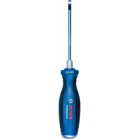Bosch Professional 1600A01TF9 Destornillador plano, cromo vanadio, mango softgrip con cabezal de acero, azul, SL4.5 x 100mm