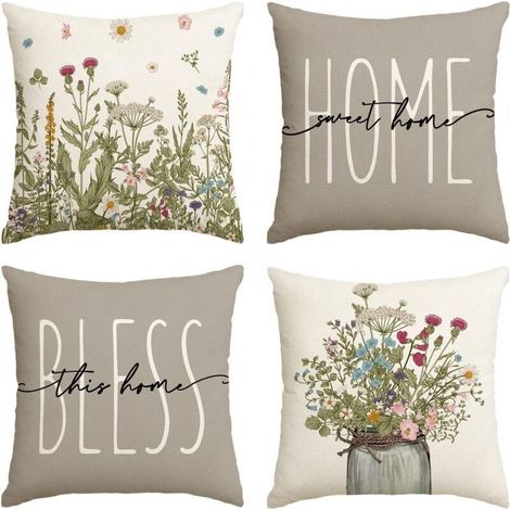 Housse de Coussin 45x45 Automne Printemps Housse Coussin Salon de Jardin Exterieur Vertes Plante Florale Lin Taie d'oreiller Decoratif pour Canapé Maison Salon Chambre Ferme Décoration Lot de 4